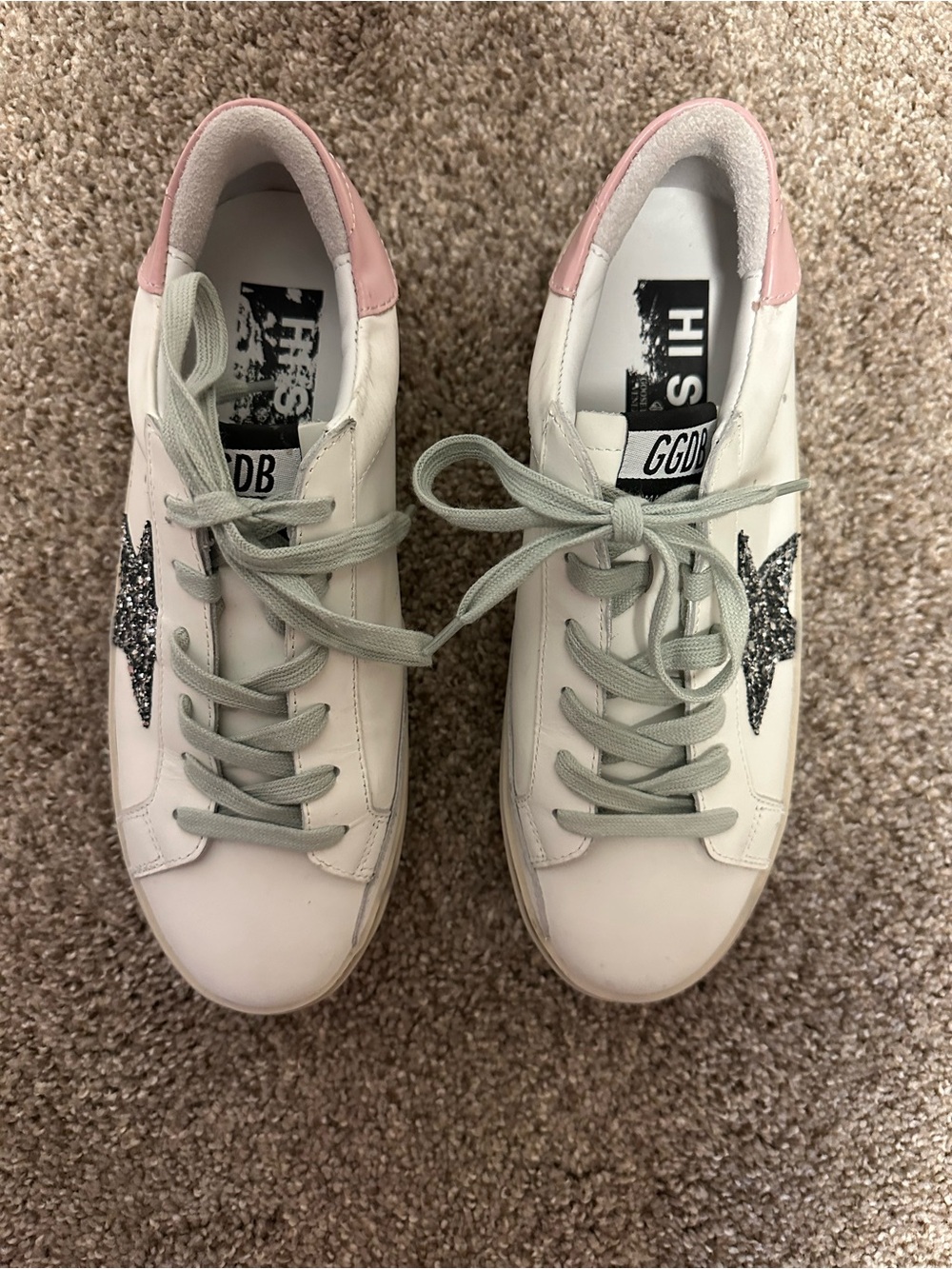 Golden Goose White Leather Sneaker with Silver Glitter Star